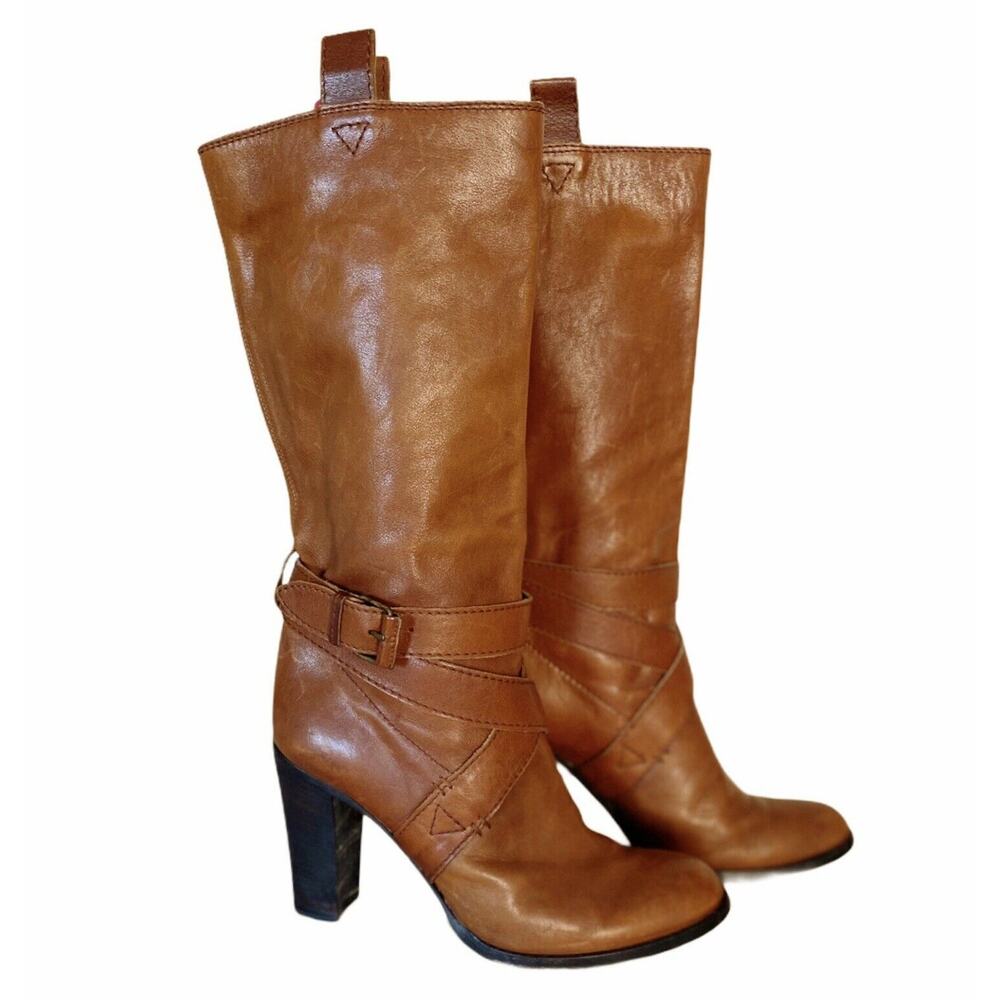L'AUTRE CHOSE Brown Leather Boots Buckle Pull On Block Heels Knee High EU40 9.5